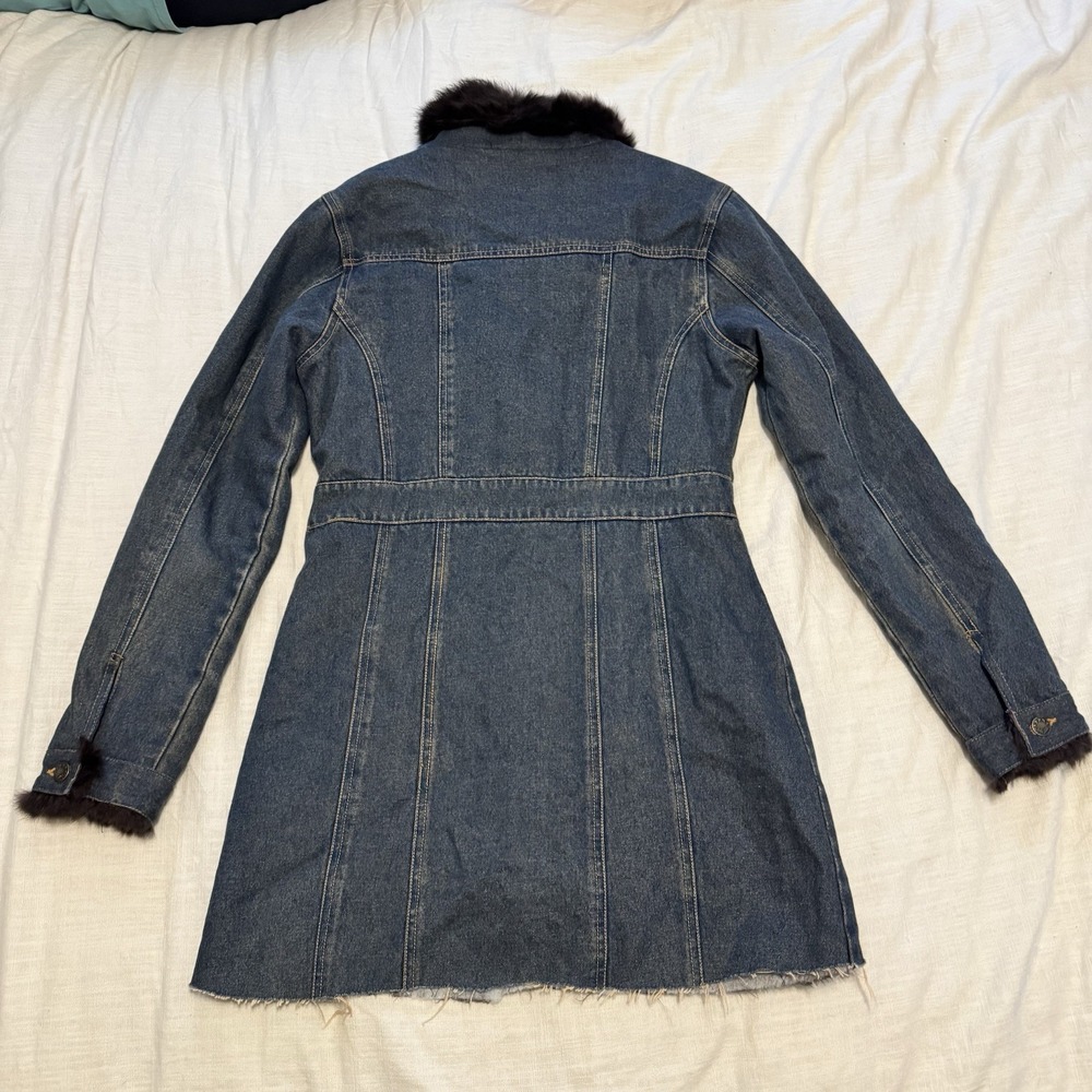 VTG Mojo Moda Women's Denim Coat Rabbit Fur Trim Distressed Med 90s Y2K Mob Wife - Picture 5 of 11